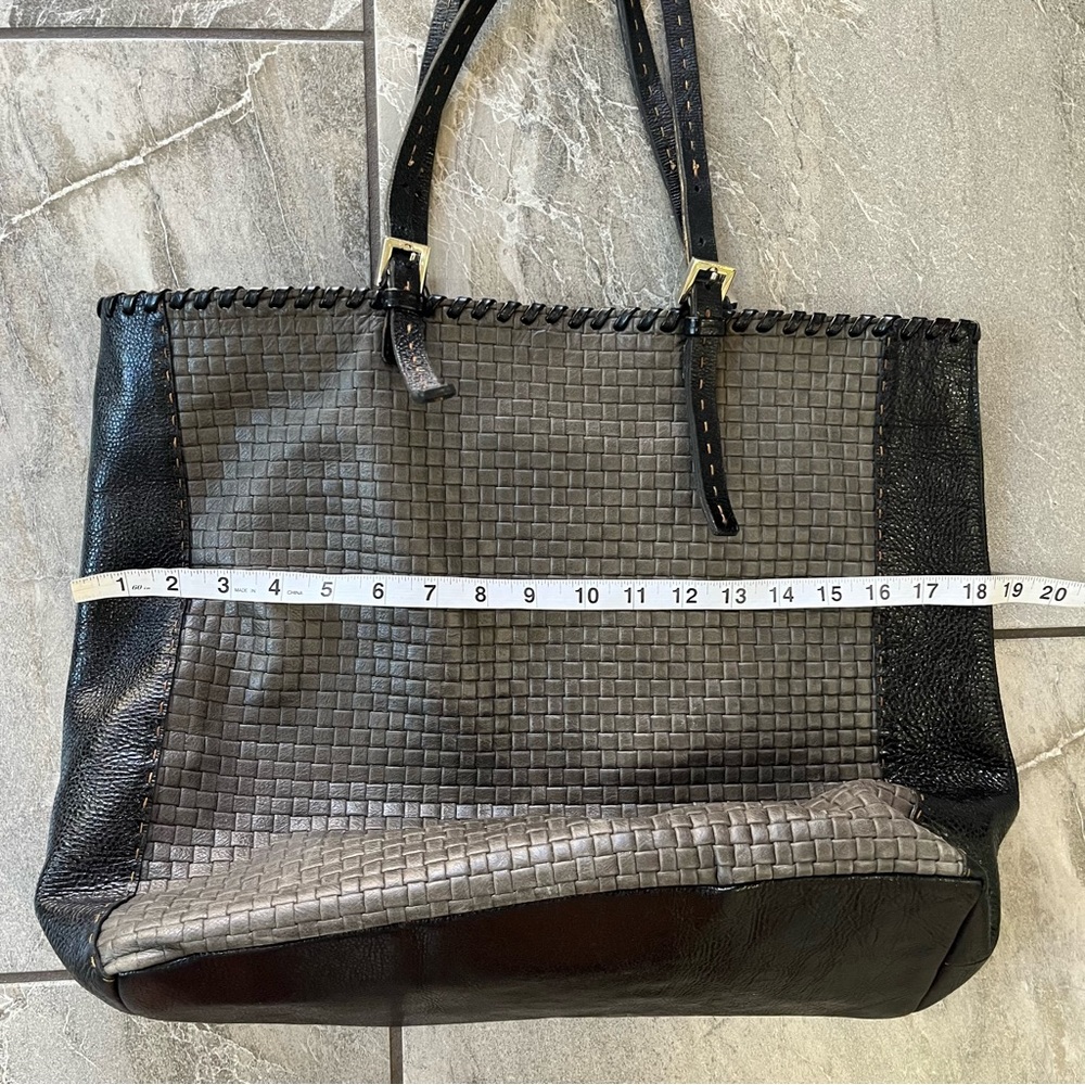 🖤🩶 Carla Mancini Large Leather Woven Tote Bag Purse Black Grey Whipstitch - Picture 10 of 15